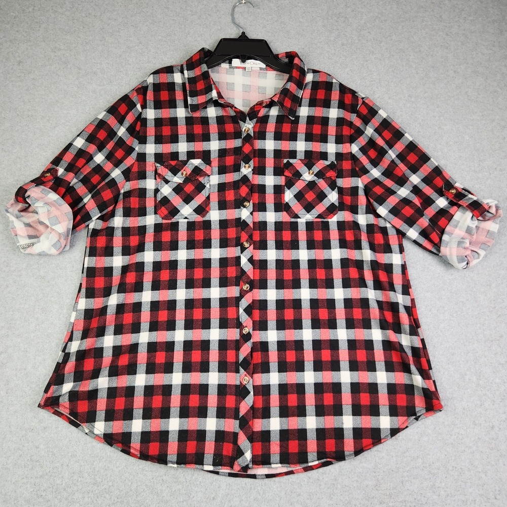 Eden‎ & Olivia Shirt Womens 1X Red Plaid Chest Pocket Roll Tab Sleeve Button Up